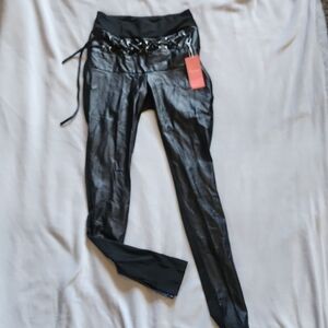 Faux Leather Black Leggings with Lace Up-Accent Waist